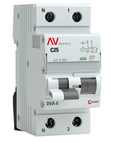 DVA-6 1P+N 25А (C) 30мА (AC) 6кА  AVERES (rcbo6-1pn-25C-30-ac-av). Автоматический выключатель дифференциального тока. EKF в Сочи