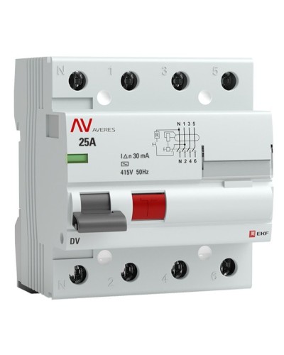 DV 4P 25А/ 30мА (AC)  AVERES (rccb-4-25-30-ac-av). Выключатели дифференциального тока (УЗО). EKF в Сочи