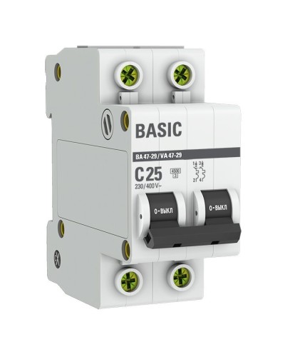 Автоматический выключатель 2P 25А (C) 4,5кА ВА 47-29 Basic (mcb4729-2-25C). Автоматический выключатель. EKF в Сочи