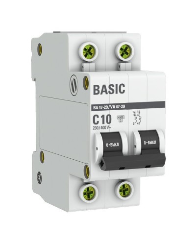 Автоматический выключатель 2P 10А (C) 4,5кА ВА 47-29 Basic (mcb4729-2-10C). Автоматический выключатель. EKF в Сочи