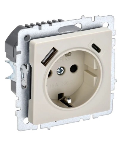 Розетка с з/к с USB A+C 18Вт РЮш11-1-БрКр бежевый BRITE (BR-R14-16-U22-018-K10). Розетка с заземлением с защитными шторками, 18Вт. IEK в Сочи