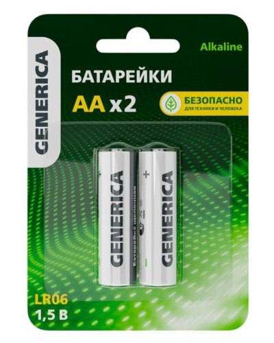 Батарейка Alkaline LR06/AA GENERICA (2 шт) (ABT-LR06-ST-L02-G). Батарейка щелочная. IEK в Сочи